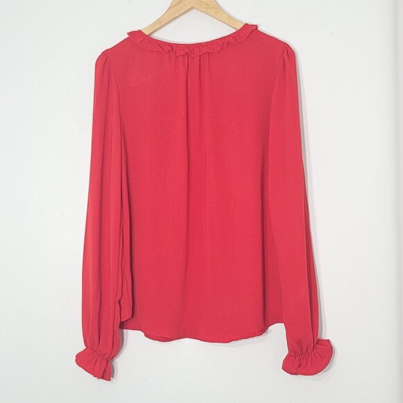 BLOUSOLOGY Women's Red Long-Sleeve VNeck Ruffled Collar Tied Cuffs Blouse Size L - Picture 4 of 12